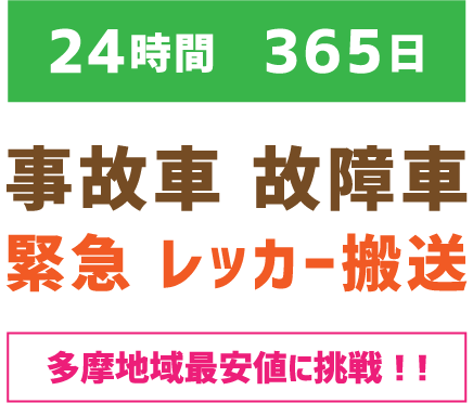 24時間365日
事故車 故障者
緊急レッカー搬送
多摩地域最安値に挑戦!!